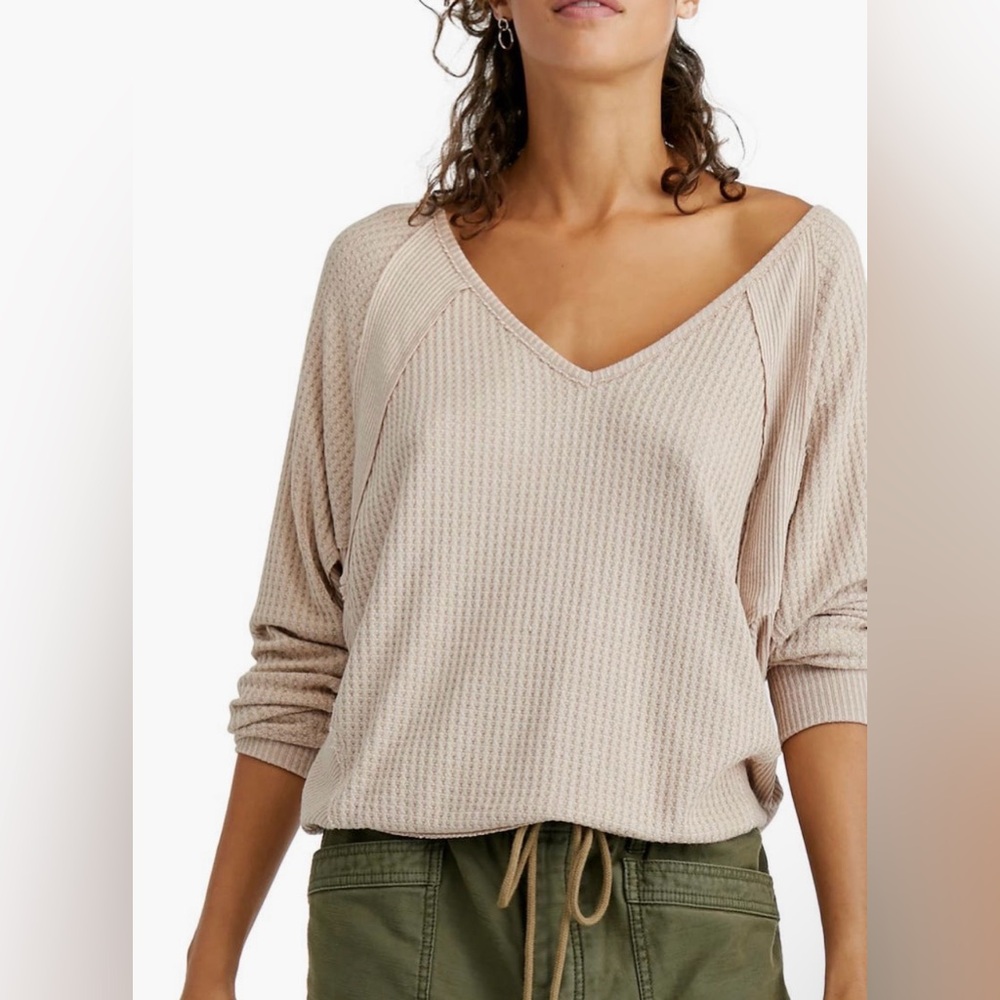 We The Free Waffle Knit V-neck Top in “Toasted” (beige)